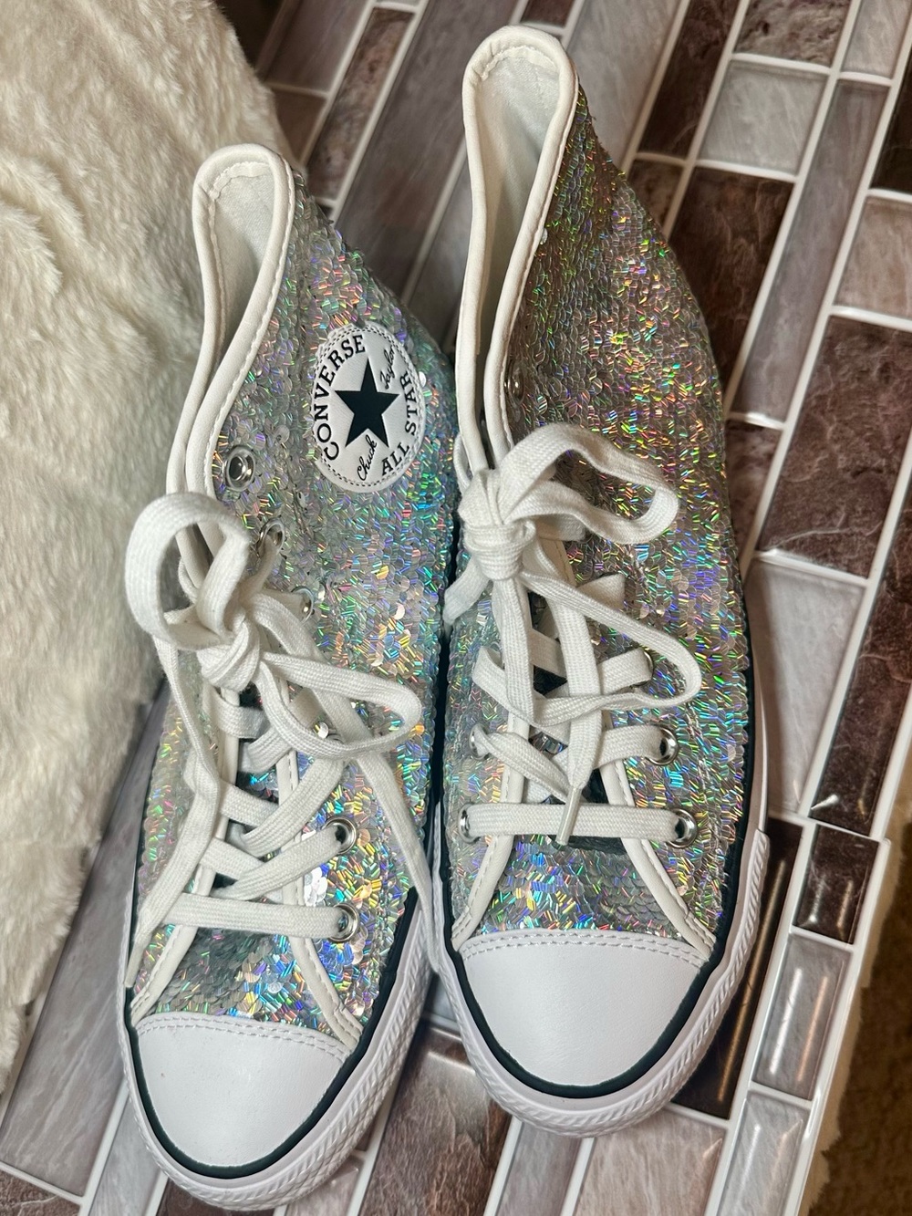 Rare Converse Chuck Taylor All Star High Mini Sequins Silver Hi Tops 8 - Picture 11 of 13